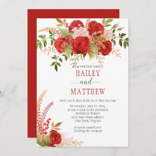 Elegant Winter Red Roses and Greenery Wedding Invitation