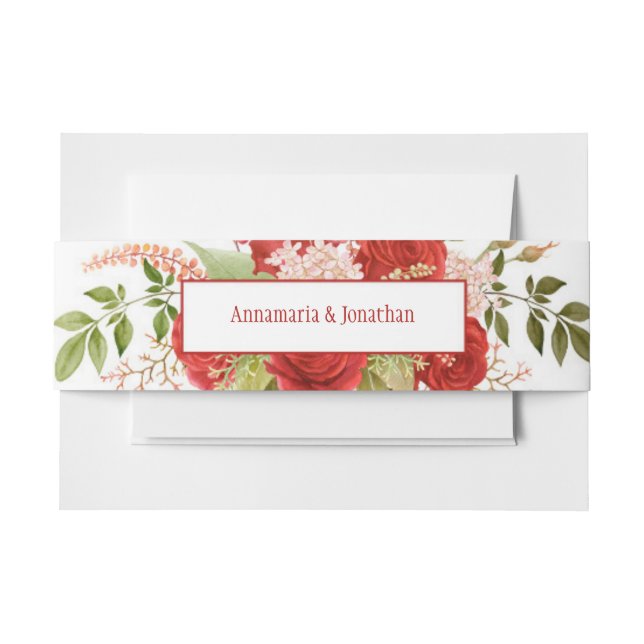 Elegant Winter Red Roses & Greenery Wedding Invitation Belly Band (Front Example)