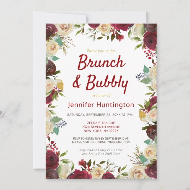 Elegant Winter Roses Brunch & Bubbly Bridal Shower Invitation (Front)