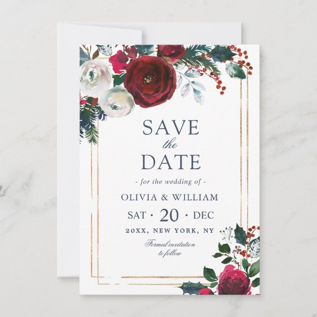 Elegant Winter Roses Foliage Watercolor Wedding Save The Date (Front)