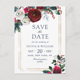 Elegant Winter Roses Foliage Wedding Save the Date Postcard