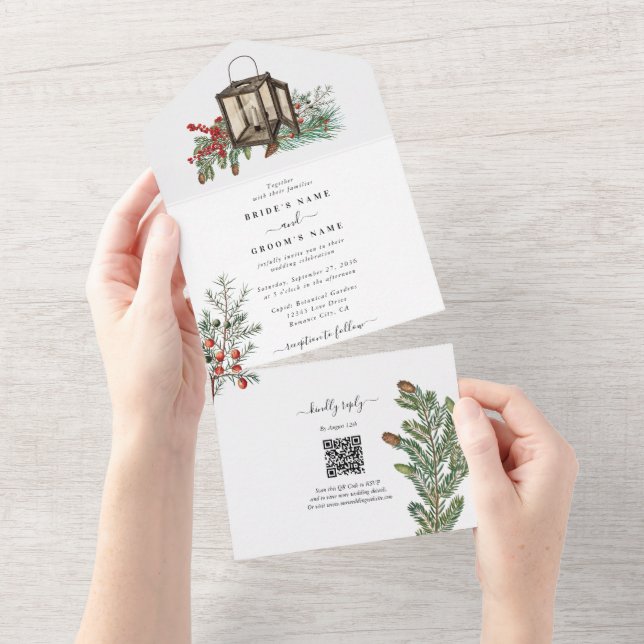 Elegant Winter Rustic Pine Trees Lantern Wedding All In One Invitation (Tearaway)
