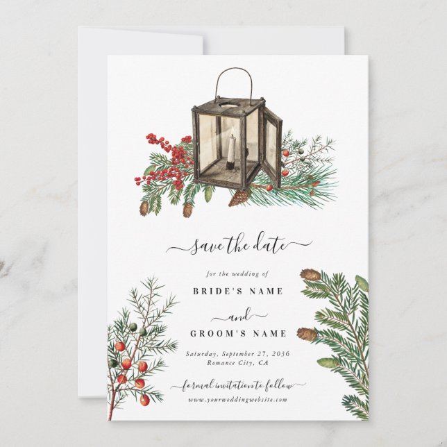 Elegant Winter Rustic Pine Trees Lantern Wedding Save The Date (Front)