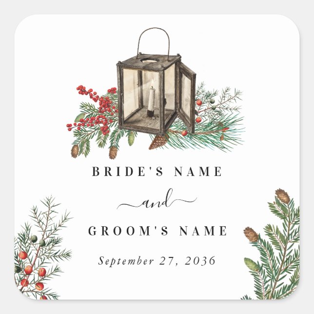 Elegant Winter Rustic Pine Trees Lantern Wedding Square Sticker (Front)