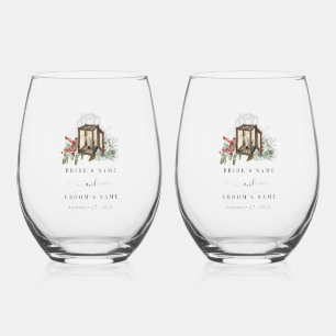 Elegant Winter Rustic Pine Trees Lantern Wedding Stemless Wine Glass