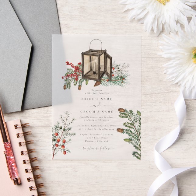Elegant Winter Rustic Pine Trees Lantern Wedding Vellum Invitations (Wedding)