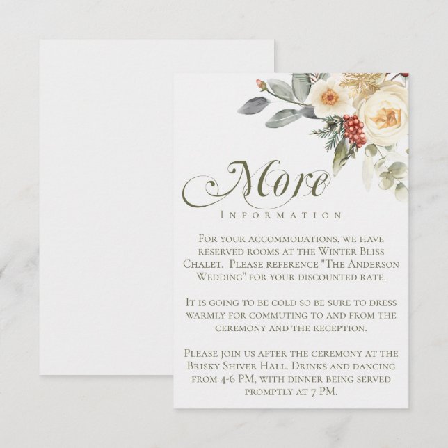 Elegant Winter Script Calligraphy Floral Wedding Enclosure Card (Front/Back)