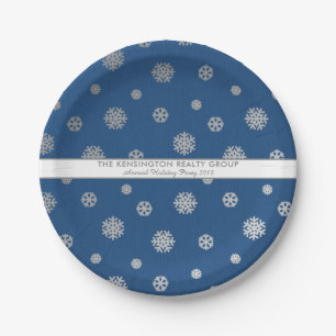 Elegant Winter Silver Blue Snowflakes Holiday Paper Plate