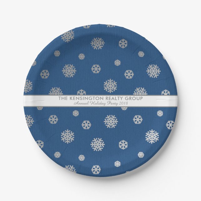Elegant Winter Silver Blue Snowflakes Holiday Paper Plate (Front)