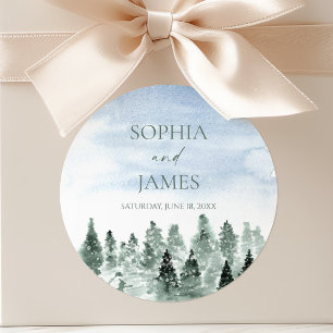 Elegant Winter Snow Green Pine Trees Wedding Classic Round Sticker