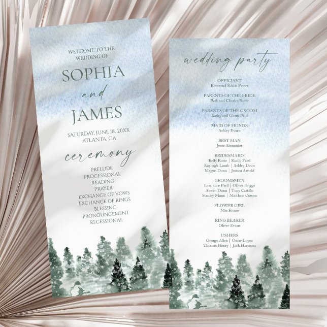 Elegant Winter Snow Green Pine Trees Wedding Programme (Creator Uploaded)