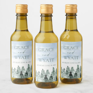 Elegant Winter Snow Green Pine Trees Wedding Wine Label