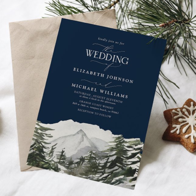 Elegant Winter Snow Pine Trees Watercolor Wedding Invitation (Winter Wedding Invitation)