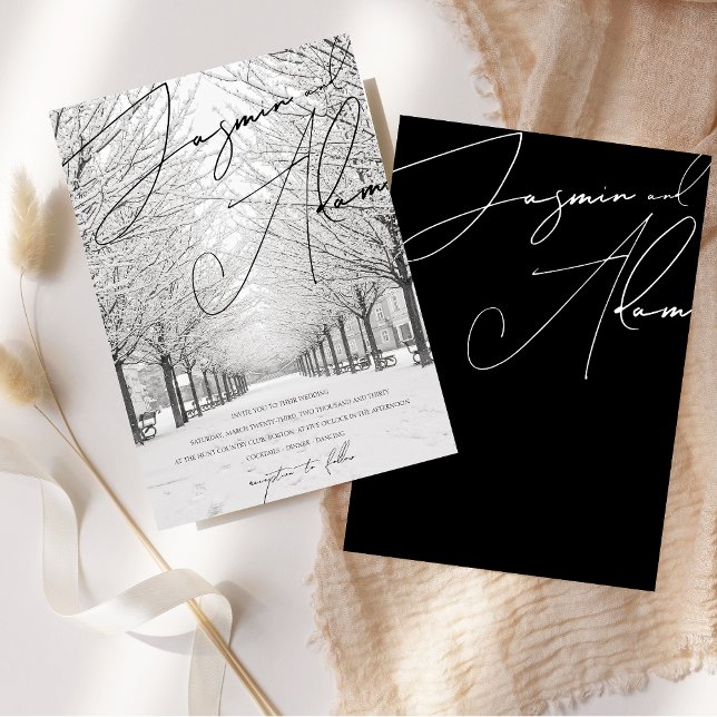 Elegant Winter Snow Scenery Script Wedding Invitation (Winter Snow Scenery Picturesque Script Wedding Invitation)