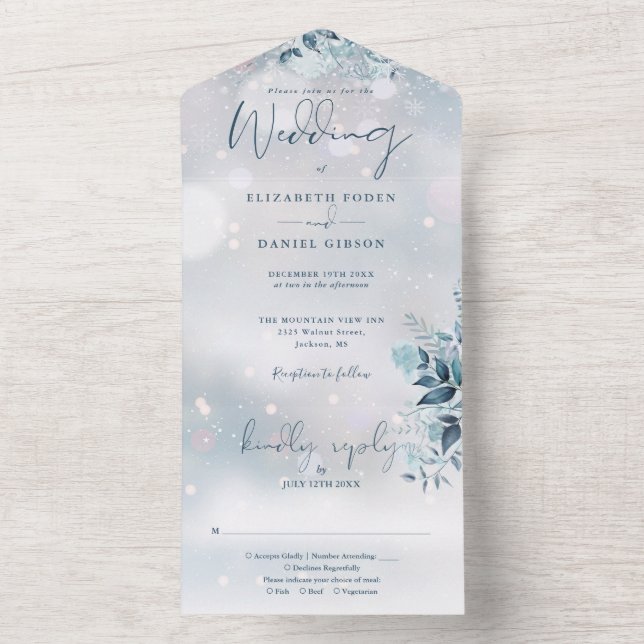 Elegant Winter Snowflake Floral Wedding All In One All In One Invitation (Inside)