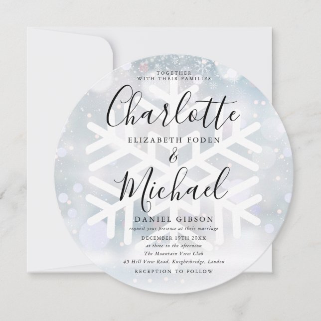 Elegant Winter Snowflakes Circular Wedding Invitation (Front)