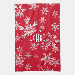 Elegant Winter Snowflakes   Red Background Tea Towel
