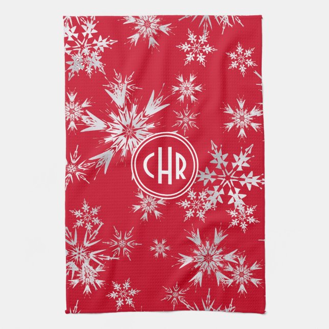 Elegant Winter Snowflakes | Red Background Tea Towel (Vertical)