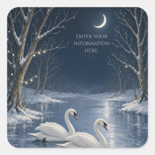 Elegant Winter Swan Christmas,Romantic Lake Scene  Square Sticker