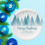 Elegant Winter Trees Annual Family Christmas Party Paper Plate<br><div class="desc">An elegant row of winter fir trees and snowflakes above your personalized Merry Christmas script and your family last name in pretty blue below the snow filled forest. Modern annual holiday family party paper plates with your custom message.</div>