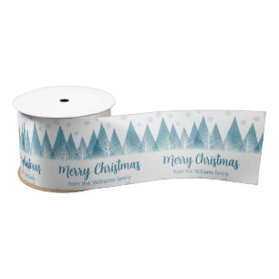 Elegant Winter Trees Custom Blue Merry Christmas Satin Ribbon