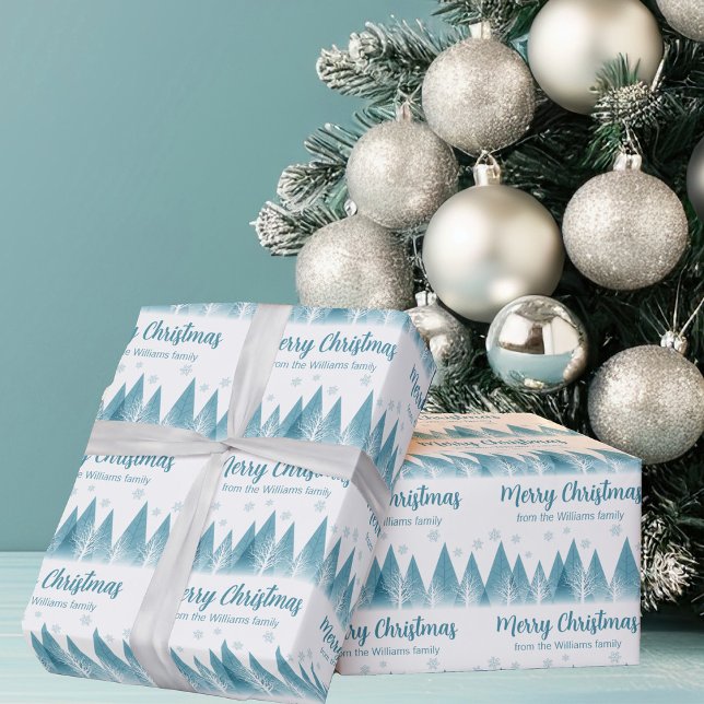 Elegant Winter Trees Custom Blue Merry Christmas Wrapping Paper (Creator Uploaded)