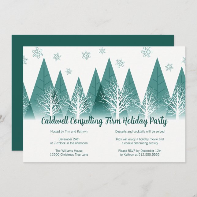 Elegant Winter Trees Green Company Holiday Party Invitation (Front/Back)
