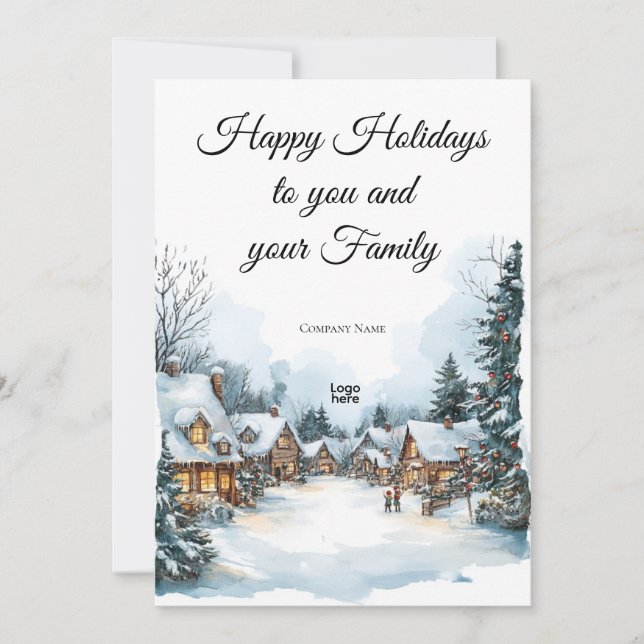 Elegant Winter Village Business Logo Holiday Card (Front)
