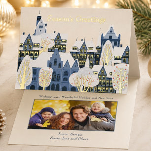 Elegant Winter Village Family Photo Blue & Gold Foil Greeting Card