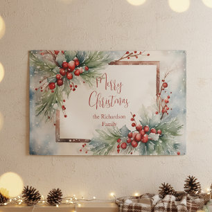 Elegant Winter Watercolor Berries Pines Christmas Banner