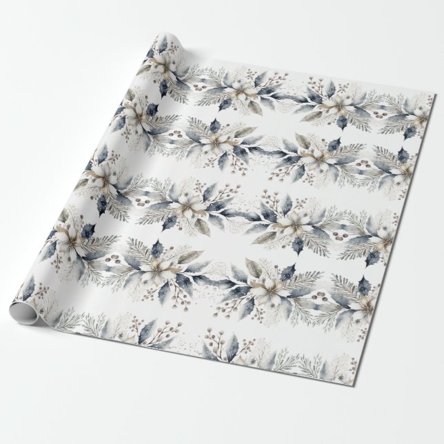 Elegant Winter Watercolor Floral Christmas Wrapping Paper (Unrolled)