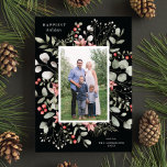 Elegant Winter Watercolor Greenery Black Photo Holiday Card<br><div class="desc">This elegant and festive holiday photo card features a beautiful watercolor wreath of holly, eucalyptus, and berries over a chic black background. The editable greeting on the front says "Happiest Holidays". The back of the card is a coordinating foliage pattern, which can be removed if desired. You can also add...</div>