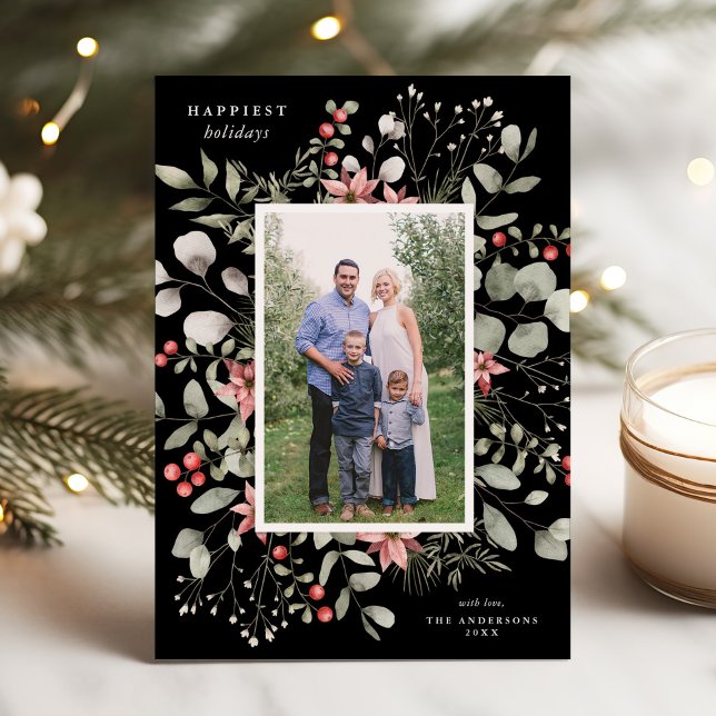 Elegant Winter Watercolor Greenery Black Photo Holiday Card (Creator Uploaded)