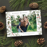 Elegant Winter Watercolor Greenery Botanical Photo Holiday Card<br><div class="desc">This elegant holiday photo card features a single horizontal photo framed by beautiful watercolor eucalyptus, holly, and berries over a classic white background. The editable greeting on the front says "Happiest Holidays". The back of the card is a festive red background to which you can add another photo and/or additional...</div>
