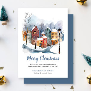 Elegant Winter Watercolor Houses Blue Christmas  Holiday Card