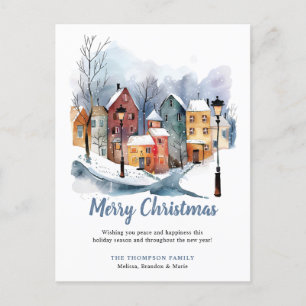 Elegant Winter Watercolor Houses Blue Christmas  Holiday Postcard