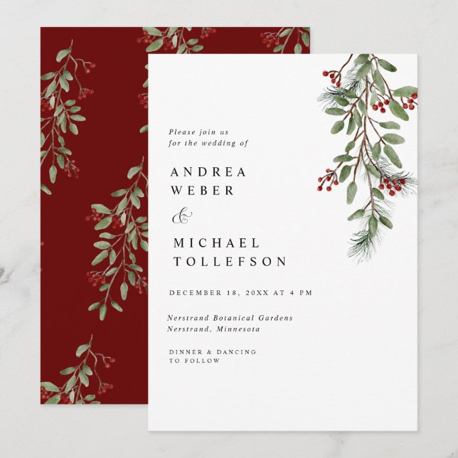 Elegant Winter Wedding Burgundy Greenery Invitatio Invitation (Front/Back)