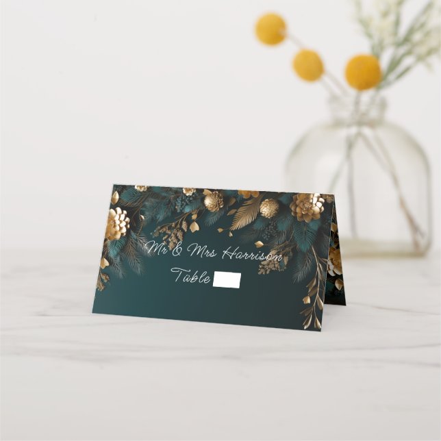 Elegant Winter Wedding Hunter Green Gold Place Card (Back)
