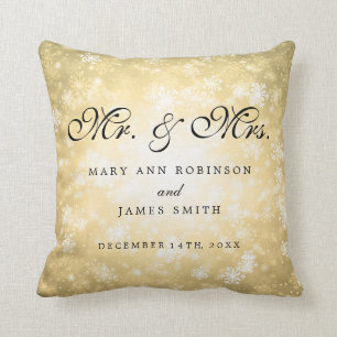 Elegant Winter Wedding Mr & Mrs Favour Gold Cushion
