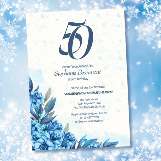 Elegant Winter White Blue Flowers 50th Birthday  Invitation (Creator Uploaded)