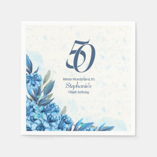 Elegant Winter White Blue Flowers 50th Birthday Napkin
