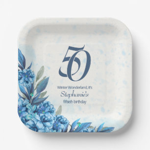 Elegant Winter White Blue Flowers 50th Birthday  Paper Plate