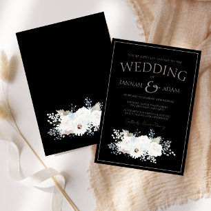 Elegant Winter White Floral Black Wedding Invitation