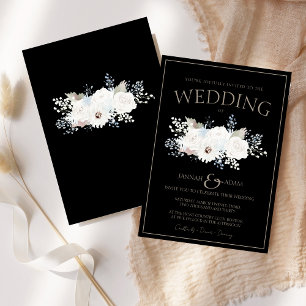 Elegant Winter White Floral Black Wedding Invitation