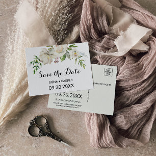 Elegant Winter White Peony Save the Date Card