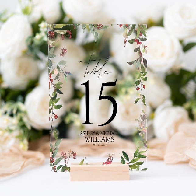 Elegant Winter Wildflower Berry Reception Acrylic Sign (Wedding Table Number!)