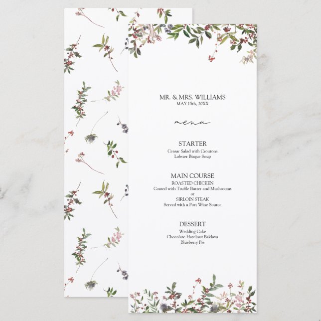 Elegant Winter Wildflower Berry Wedding Menu (Front/Back)