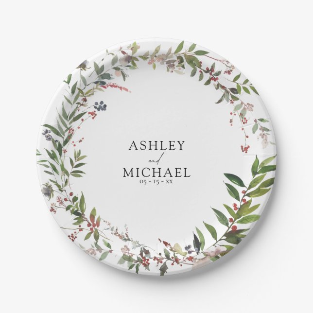 Elegant Winter Wildflower Berry Wedding Paper Plate (Front)