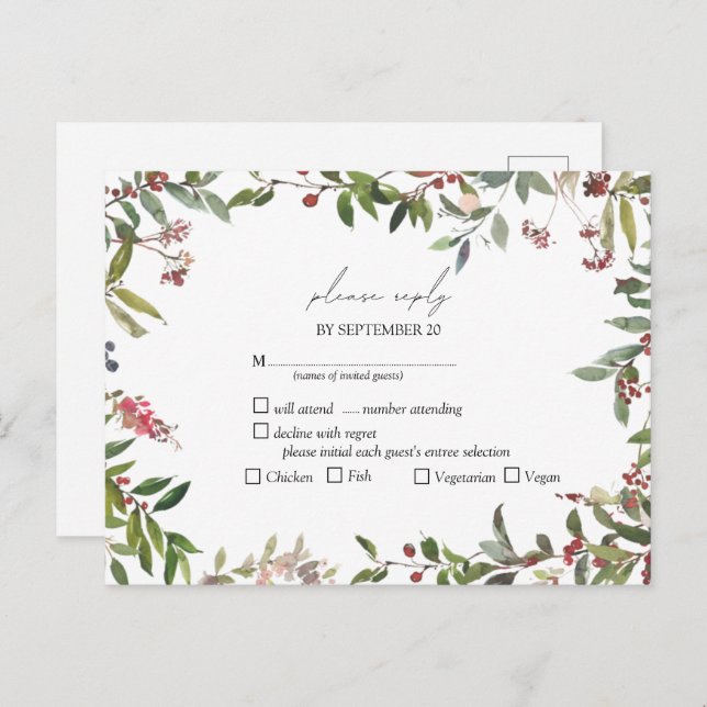 Elegant Winter Wildflower Berry Wedding RSVP Invitation Postcard (Front/Back)