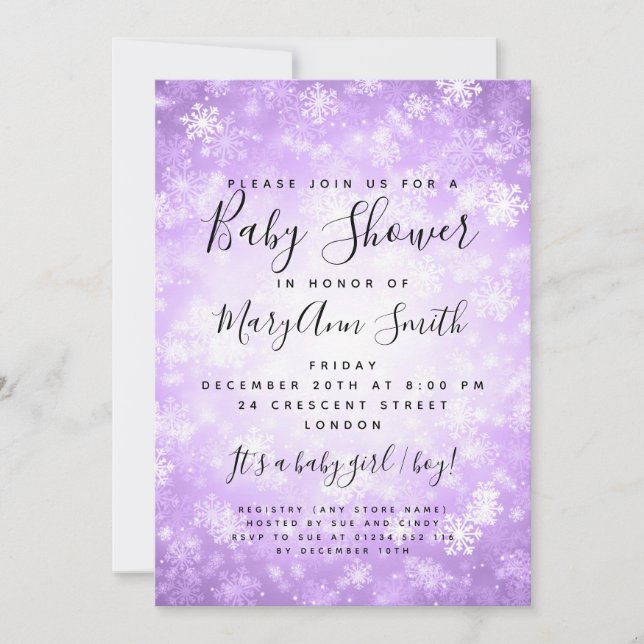 Elegant Winter Wonderland Baby Shower Purple Invitation (Front)